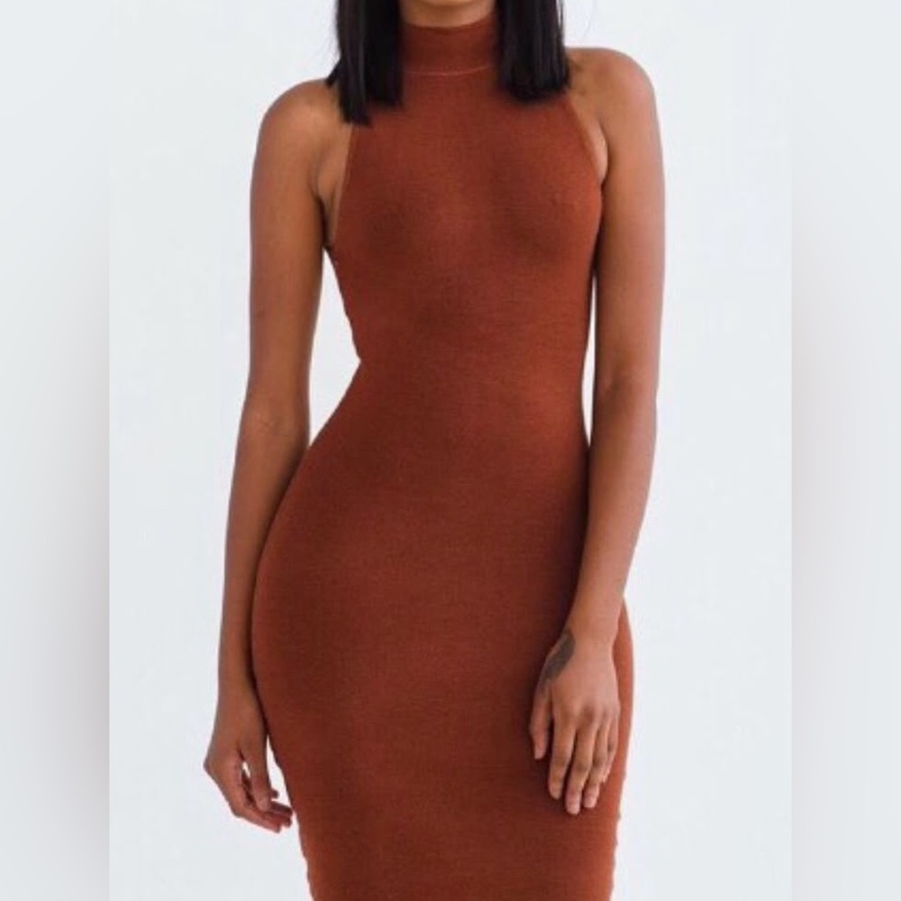 Sleeveless Turtleneck Bodycon Dress in Rust